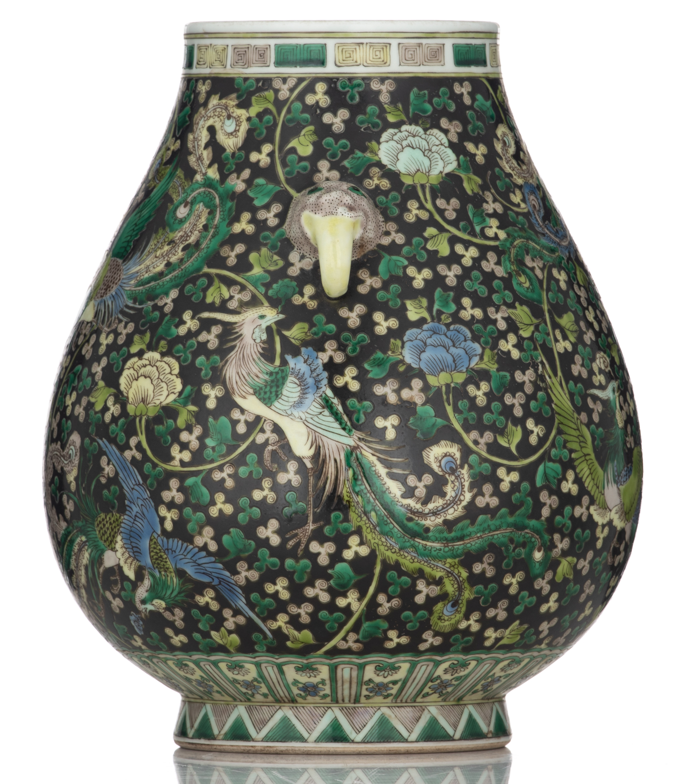 A Chinese black ground famille verte hu-vase, decorated with phoenix, H 30 cm - Image 4 of 6