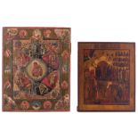 Two Russian icons, one representing scenes of the life of the Virgin, the second one the worship of
