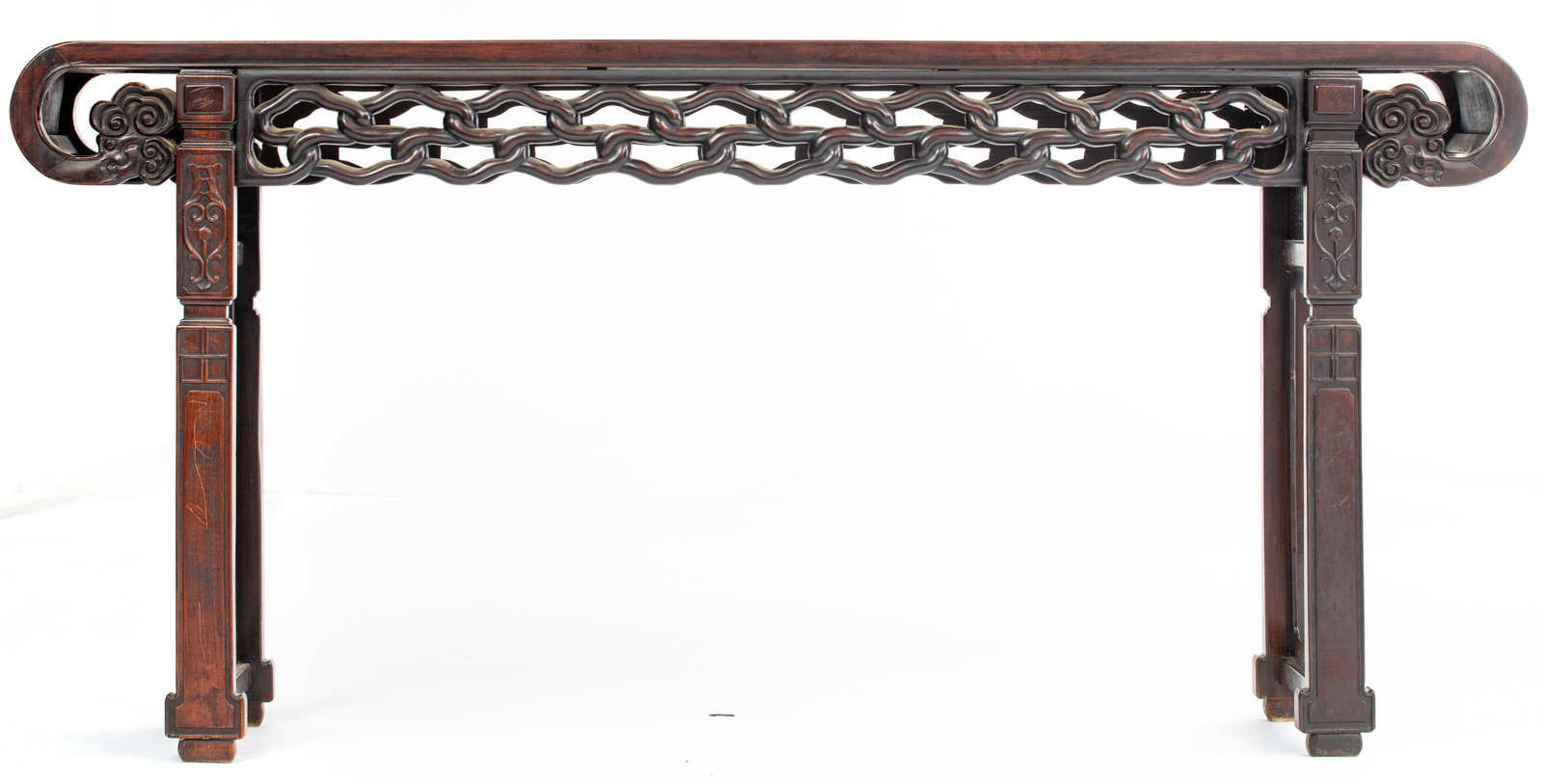 An imposing Chinese rosewood sideboard, with richly carved openwork decoration, H 93 - W 196 - D 45 - Image 4 of 7