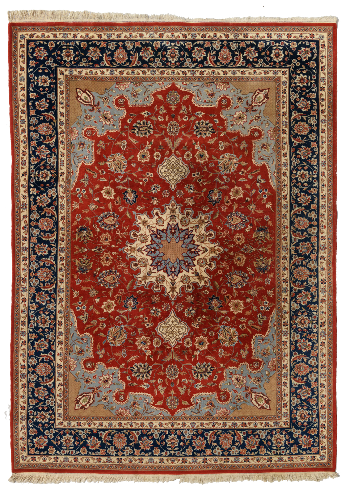 An Oriental woollen rug, floral decorated, with a central medallion, 252 x 350 cm