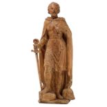 A large limewood sculpture of a Roman warrior, with traces of polychrome paint, 17thC, H 125 cm