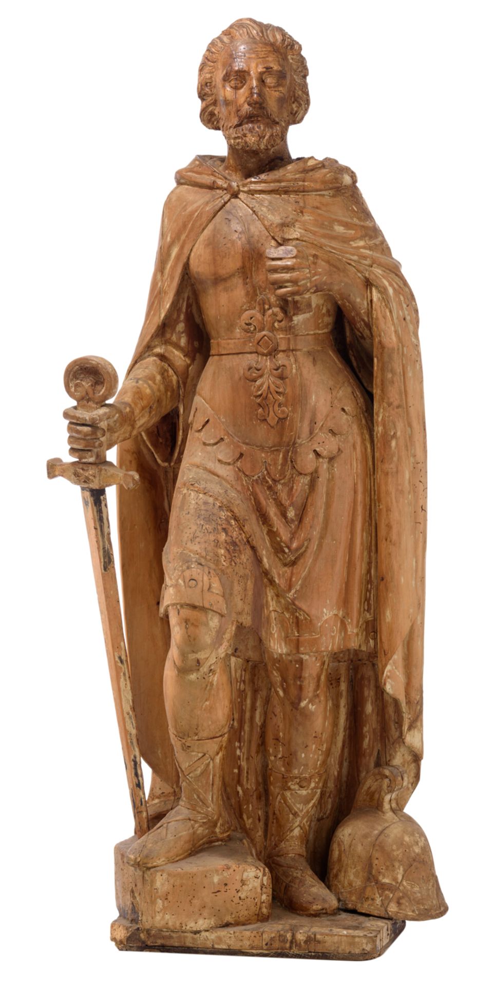 A large limewood sculpture of a Roman warrior, with traces of polychrome paint, 17thC, H 125 cm