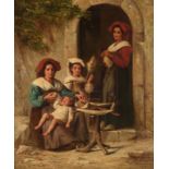 Schreiber C., a Southern family spinning in front of their house, dated 1876, oil on canvas, 39,5 x