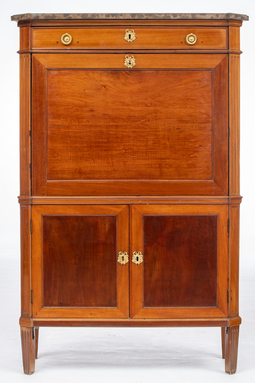 A Louis XVI walnut fall front desk, with gilt bronze mounts and a marble top, the inside with four e - Image 2 of 7