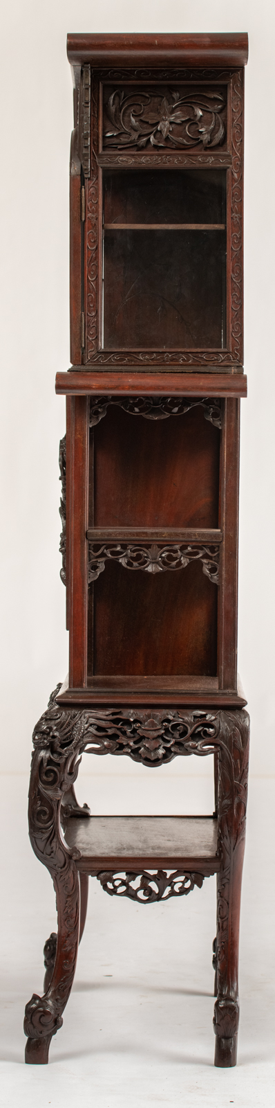 A Chinese exotic hardwood display cabinet, finely sculpted with floral decoration and dragons, H 173 - Image 3 of 6