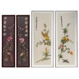 Four Chinese 19th / 20thC embroideries, framed, 24,5 X 93 / 40 X 100 cm