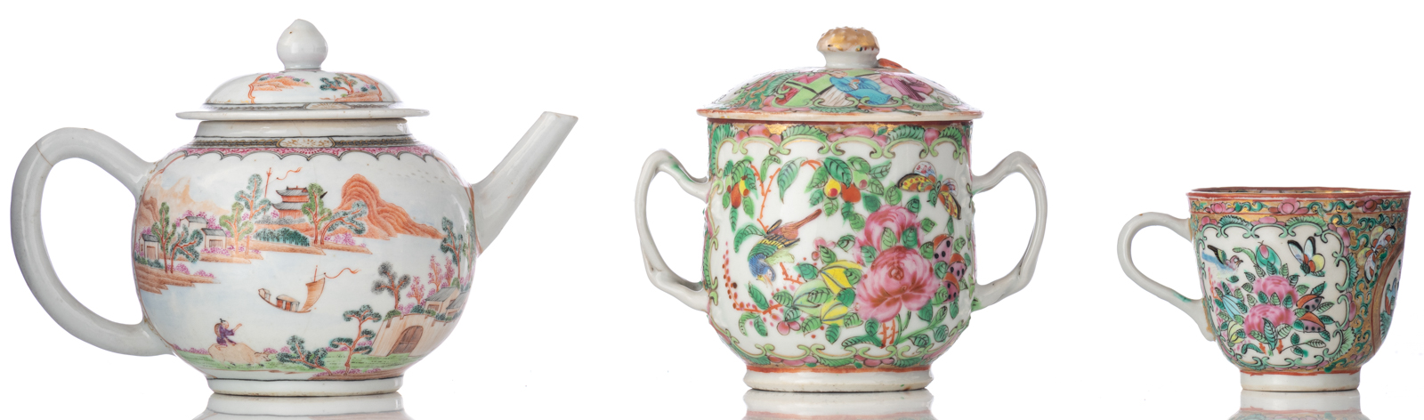 Various famille rose, blue and white, polychrome and Imari cups and saucers, two teapots and covers, - Image 4 of 25
