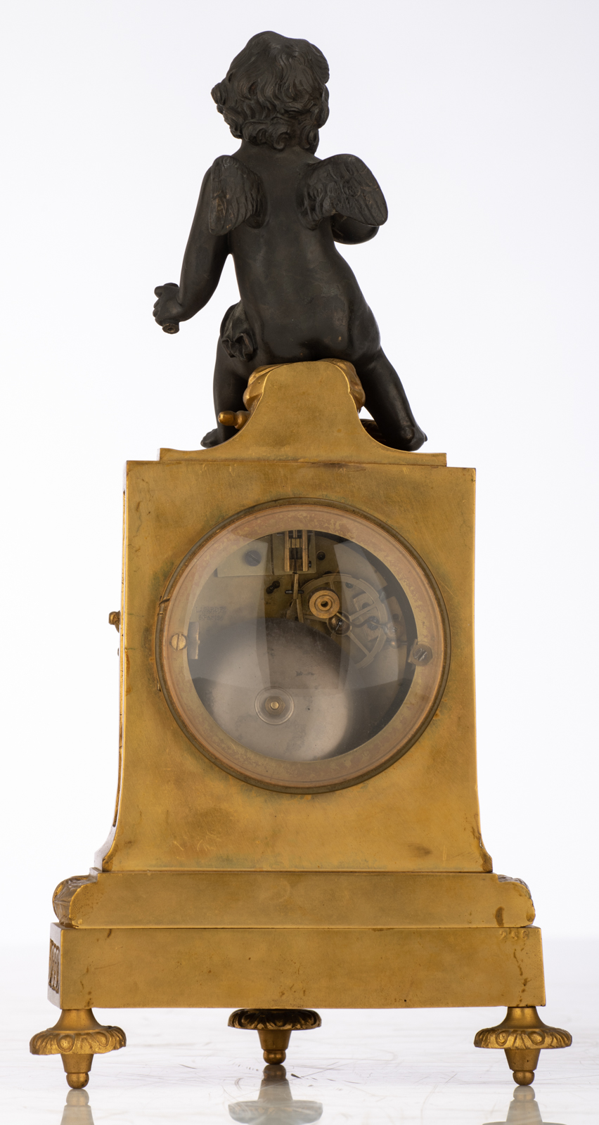 A French column-shaped gilt bronze mantle clock, with a patinated bronze amor on top, the dial marke - Image 3 of 10