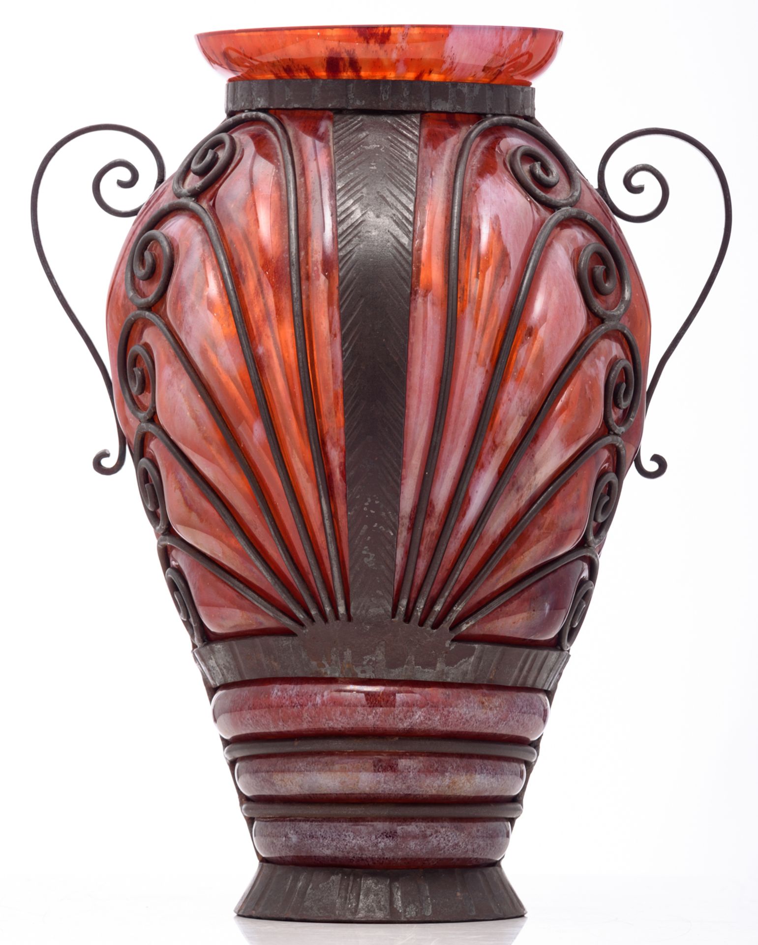 A Wiener Sezession style glass vase with wrought iron mounts, H 36 cm - Image 3 of 6