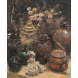 De Sloovere G., a still life with pots, flowers and a doll, oil on canvas, 50 x 60 cm Is possibly su