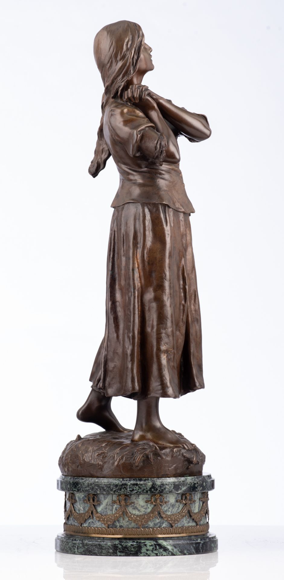 Larche R., Jeanne D'Arc praying, brown patinated bronze on a gris Ste Anne marble base with Neoclass - Image 4 of 7