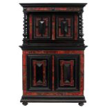 An ebonised Baroque Revival two-part buffet with tortoiseshell marquetry, the top part flanked by tw