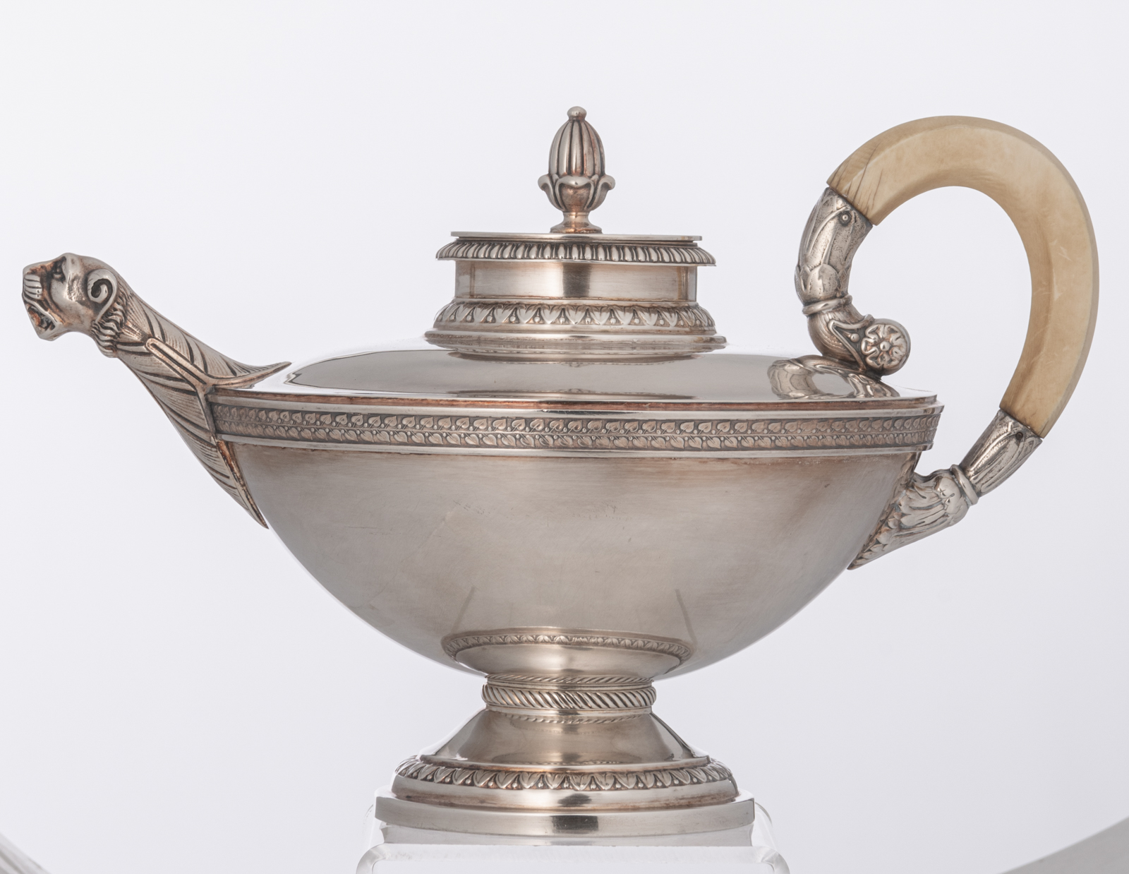 A German four-piece Neoclassical silver 925/000 coffee and tea set with ivory handles, on a matching - Image 4 of 34