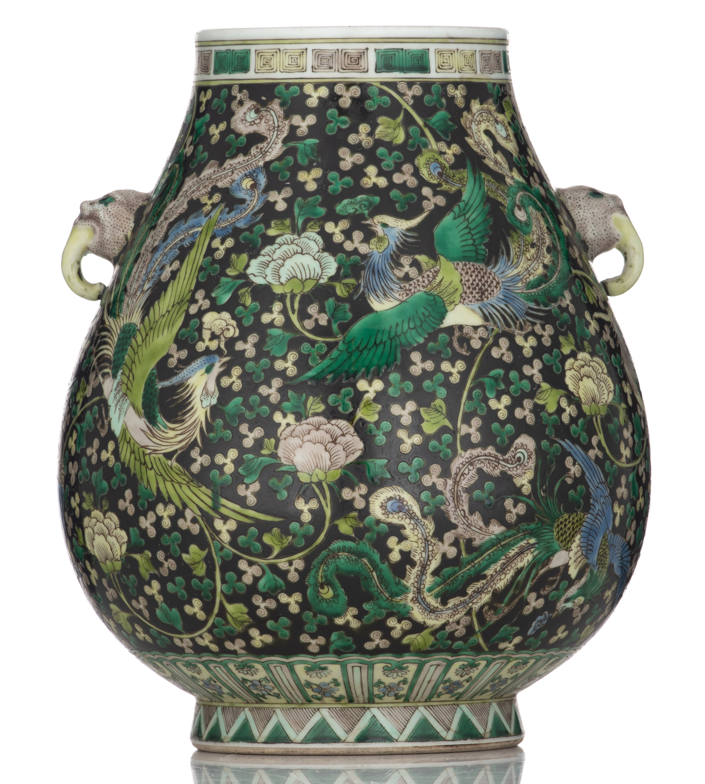 A Chinese black ground famille verte hu-vase, decorated with phoenix, H 30 cm - Image 3 of 6