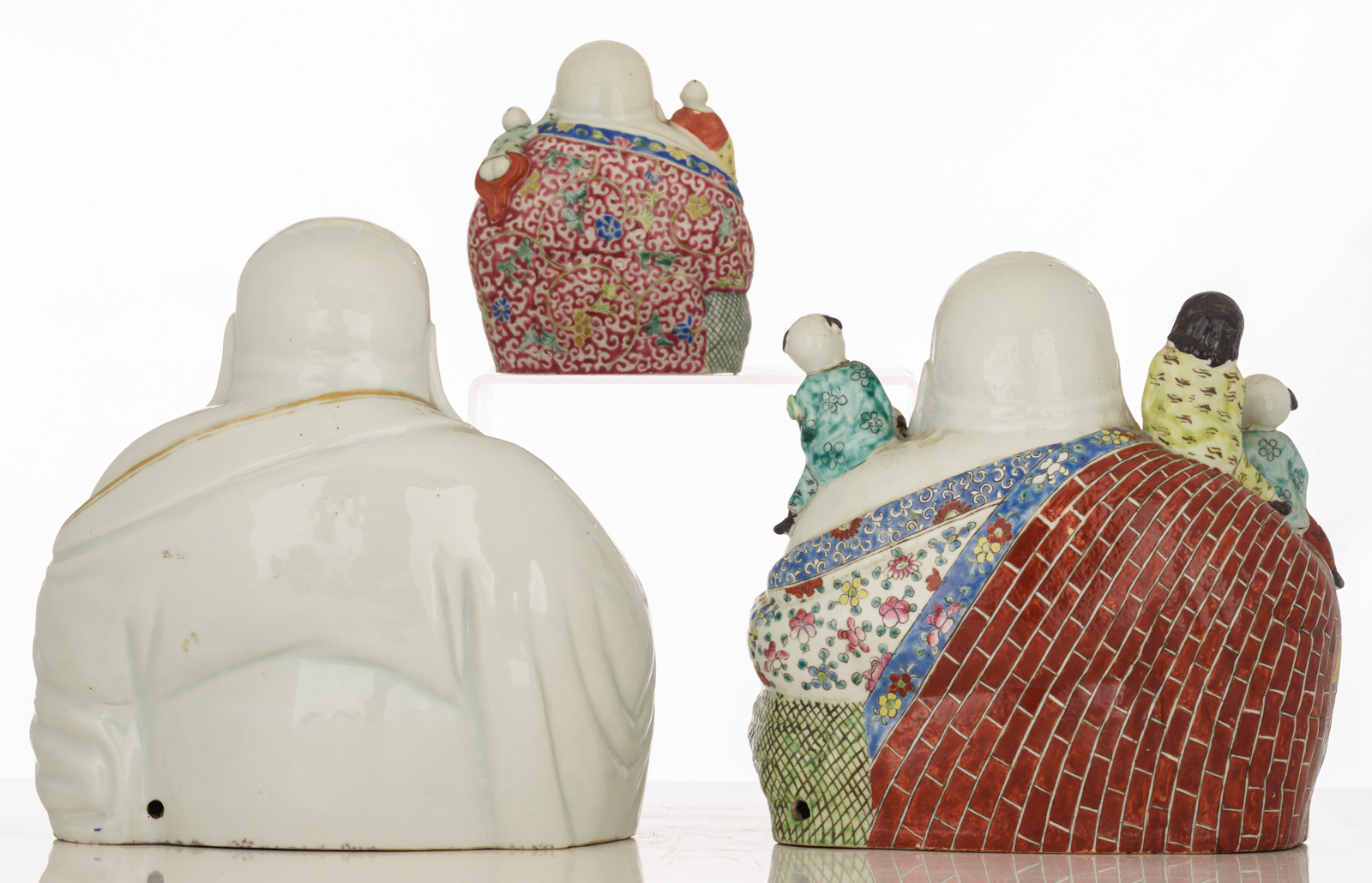 Three Chinese polychrome decorated Budai, two figures holding a chain of praying beads, two figures - Image 3 of 8