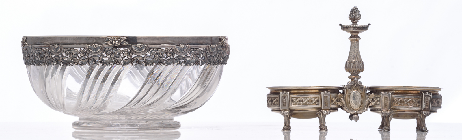 A crystal bowl with a Rococo Revival silver mount, indistinctly hallmarked, makers mark J.M.; added: - Image 2 of 18