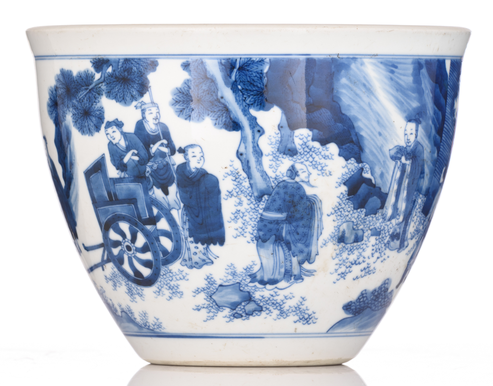 A Chinese transitional type blue and white jardiniere, decorated with figures, on a matching hardwoo - Image 3 of 9