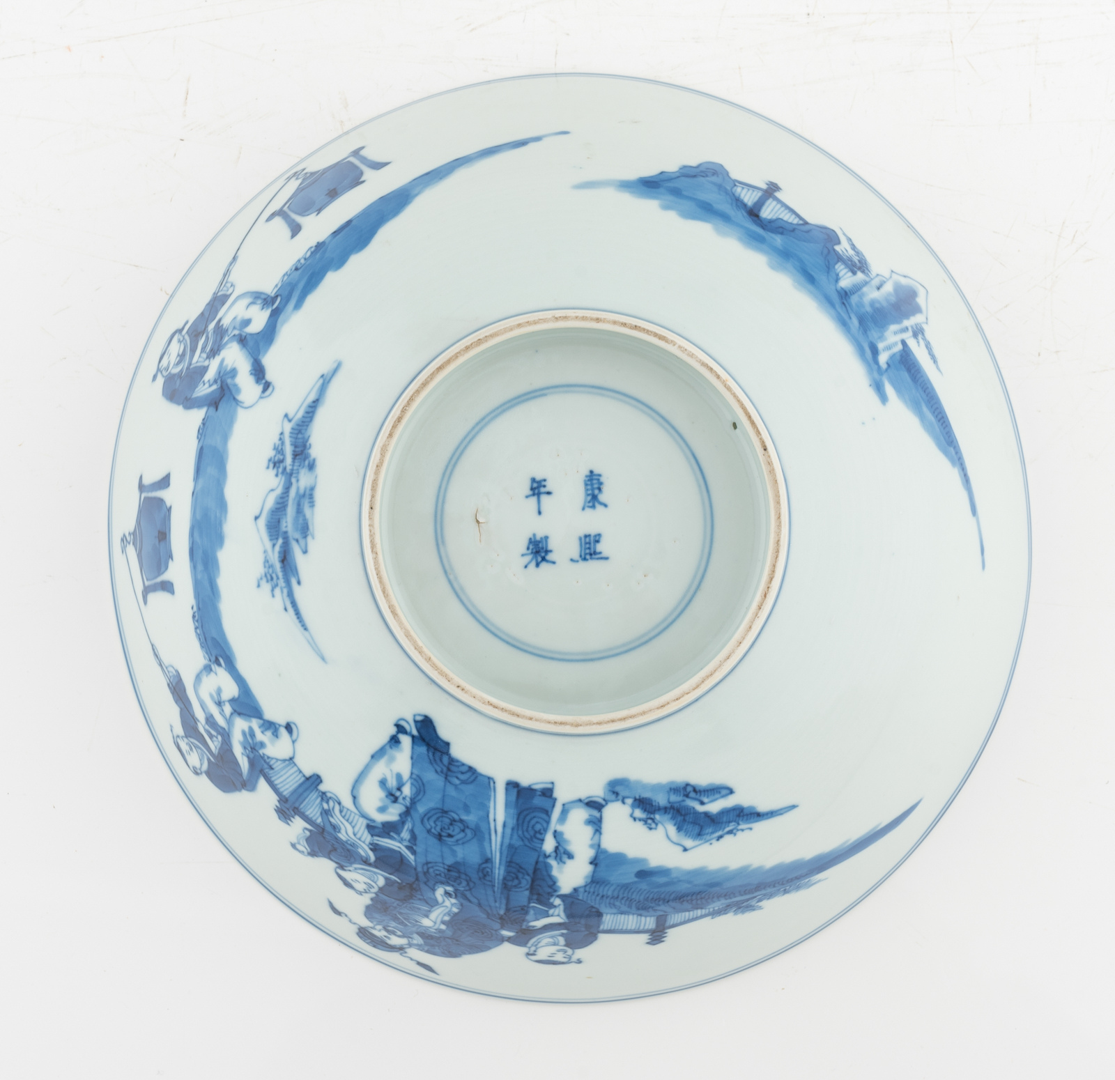 A Chinese blue and white bowl, inside and outside decorated with figures and auspicious symbols, mar - Image 3 of 4