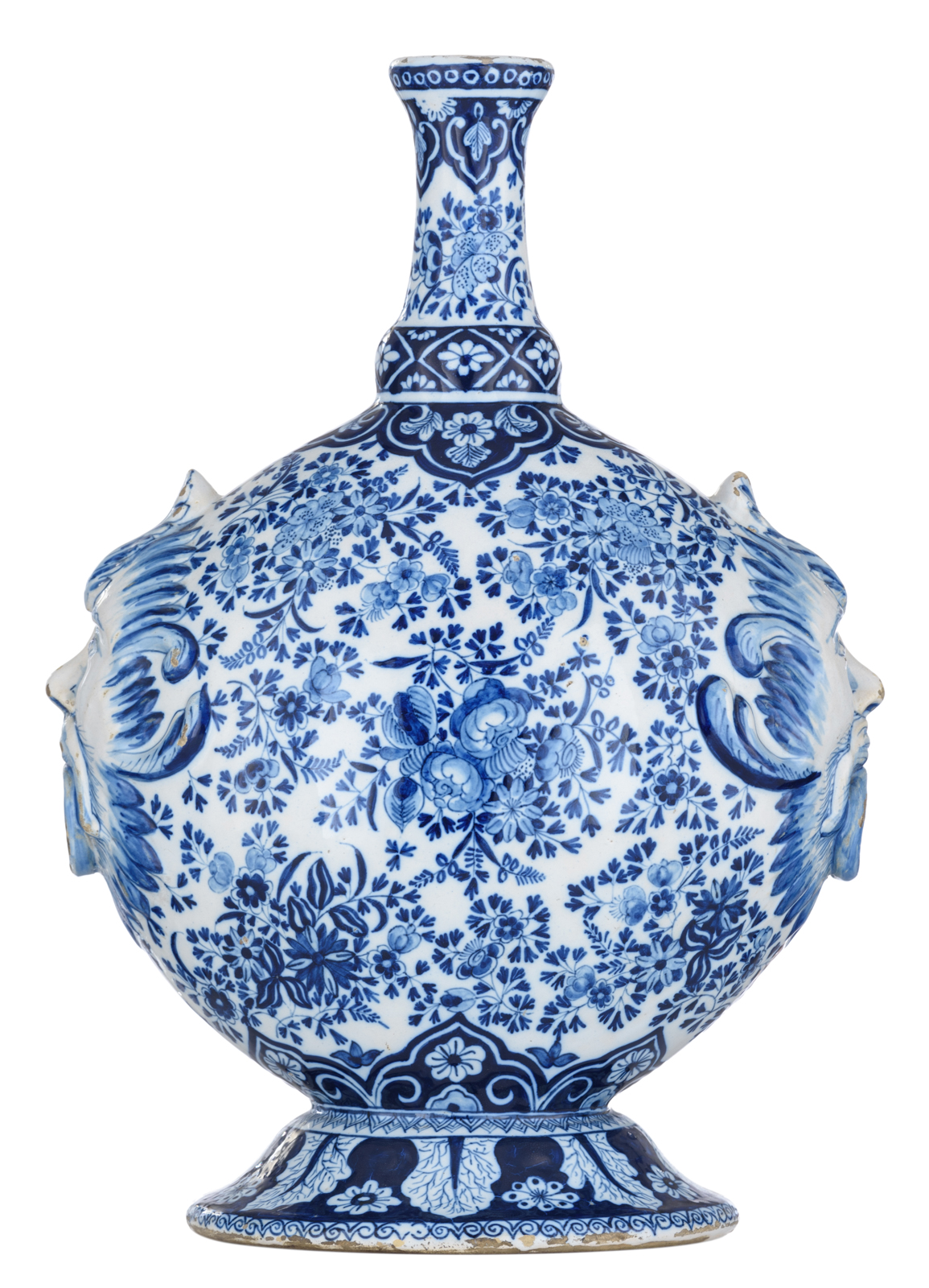 A Dutch Delftware blue and white pilgrim flask, with floral and the so-called parsley decoration, th