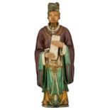 An imposing Chinese sancai-glazed dignitary, Ming dynasty, H 80 cm Provenance : - Ancient collection
