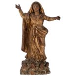 A gilt and polychrome painted wooden sculpture, depicting the Ascension of the Virgin, later 17thC,