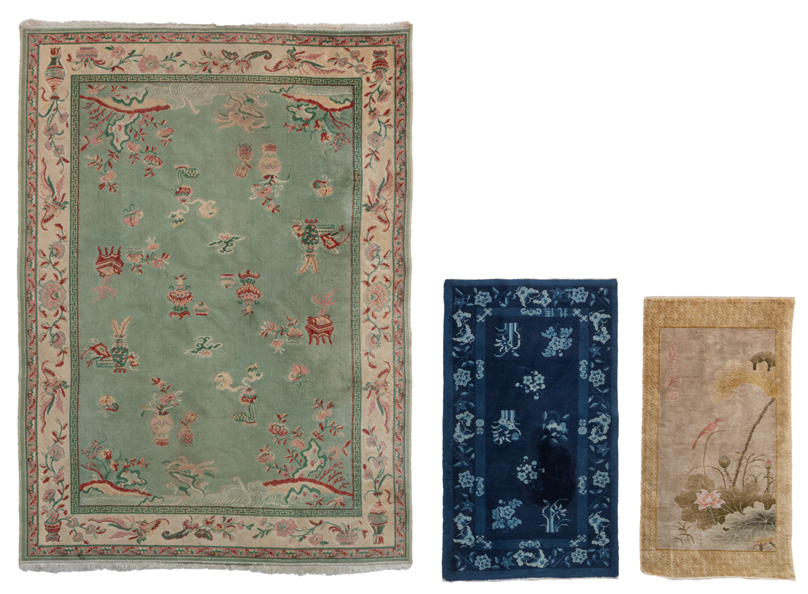 Three Chinese woollen rugs, one decorated with antiquities, 235 x 167 cm, one decorated with floral