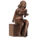Dumortier J., an untitled patinated terracotta sculpture of a naked sitting girl, on an upholstered