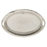 An English oval silver serving tray, with dedication 'on the occasion of the naming of Burgemeester