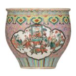 A Chinese pink ground floral decorated jardiniere, the roundels with court and battle scenes, H 23 -
