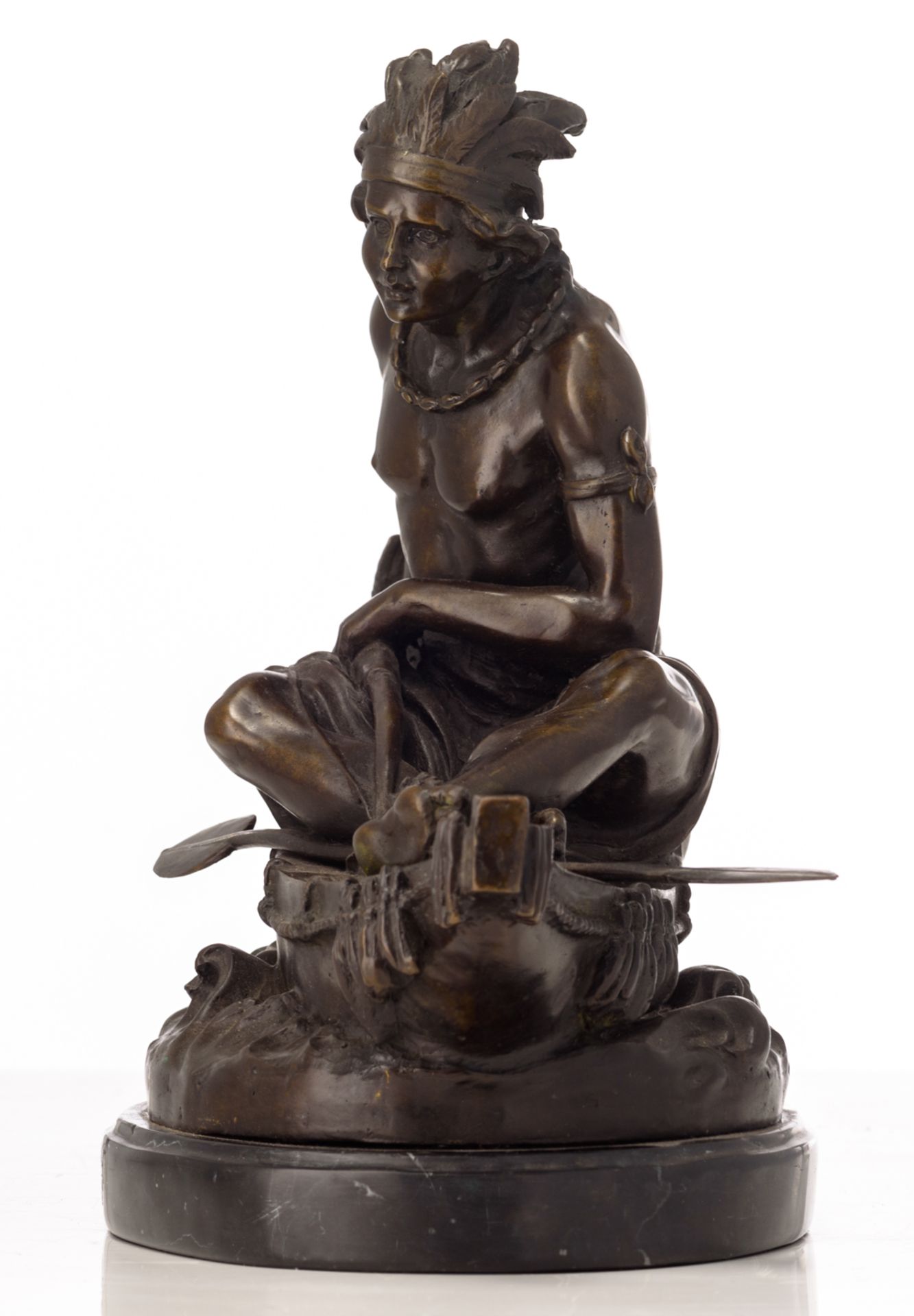 Duchoiselle, a hunting Indian on a canoe, patinated bronze on a noir Belge marble base, H 27,5 - 30, - Bild 3 aus 7