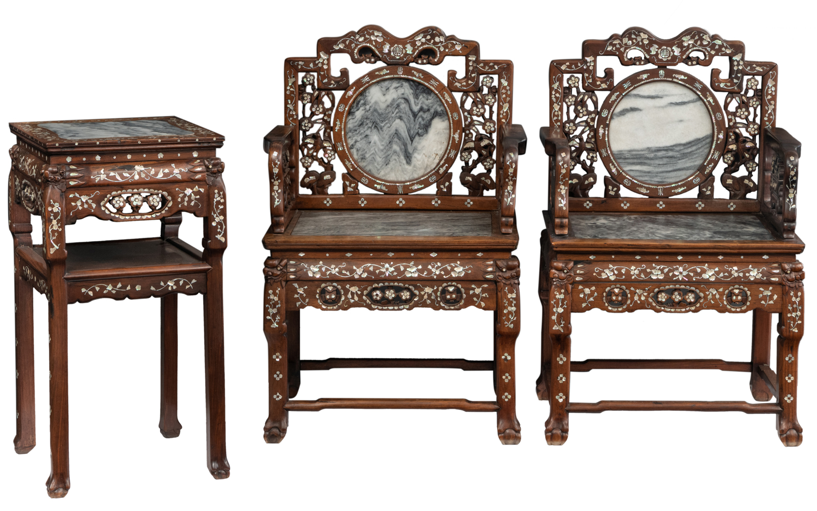 A Chinese rosewood furniture set, with inlaid marble plaques and mother-of pearldecoration, consisti