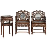 A Chinese rosewood furniture set, with inlaid marble plaques and mother-of pearldecoration, consisti