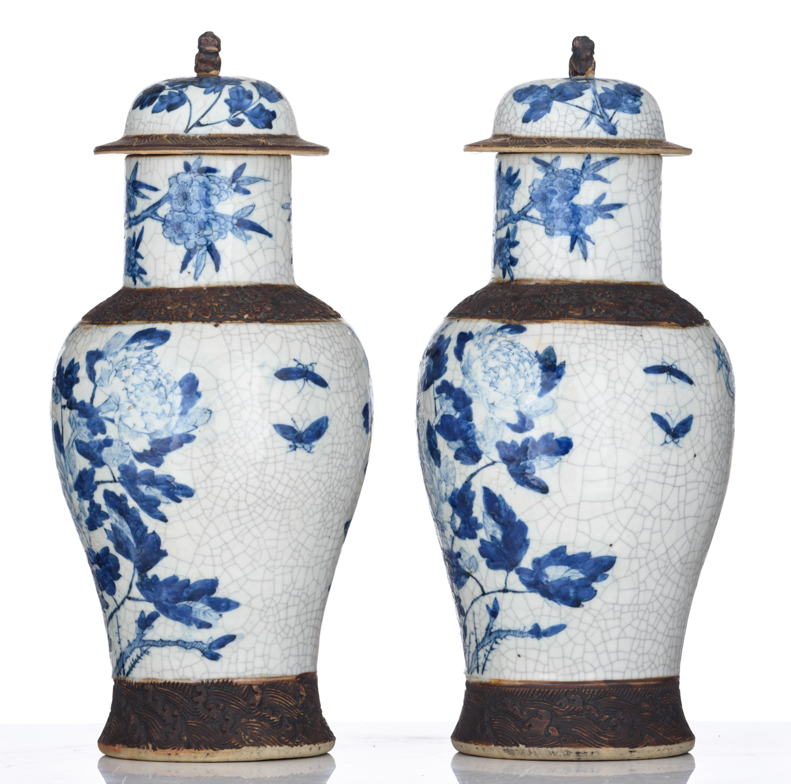 A pair of Chinese blue and white stoneware vases and covers, decorated with flowers and birds, marke - Image 2 of 10