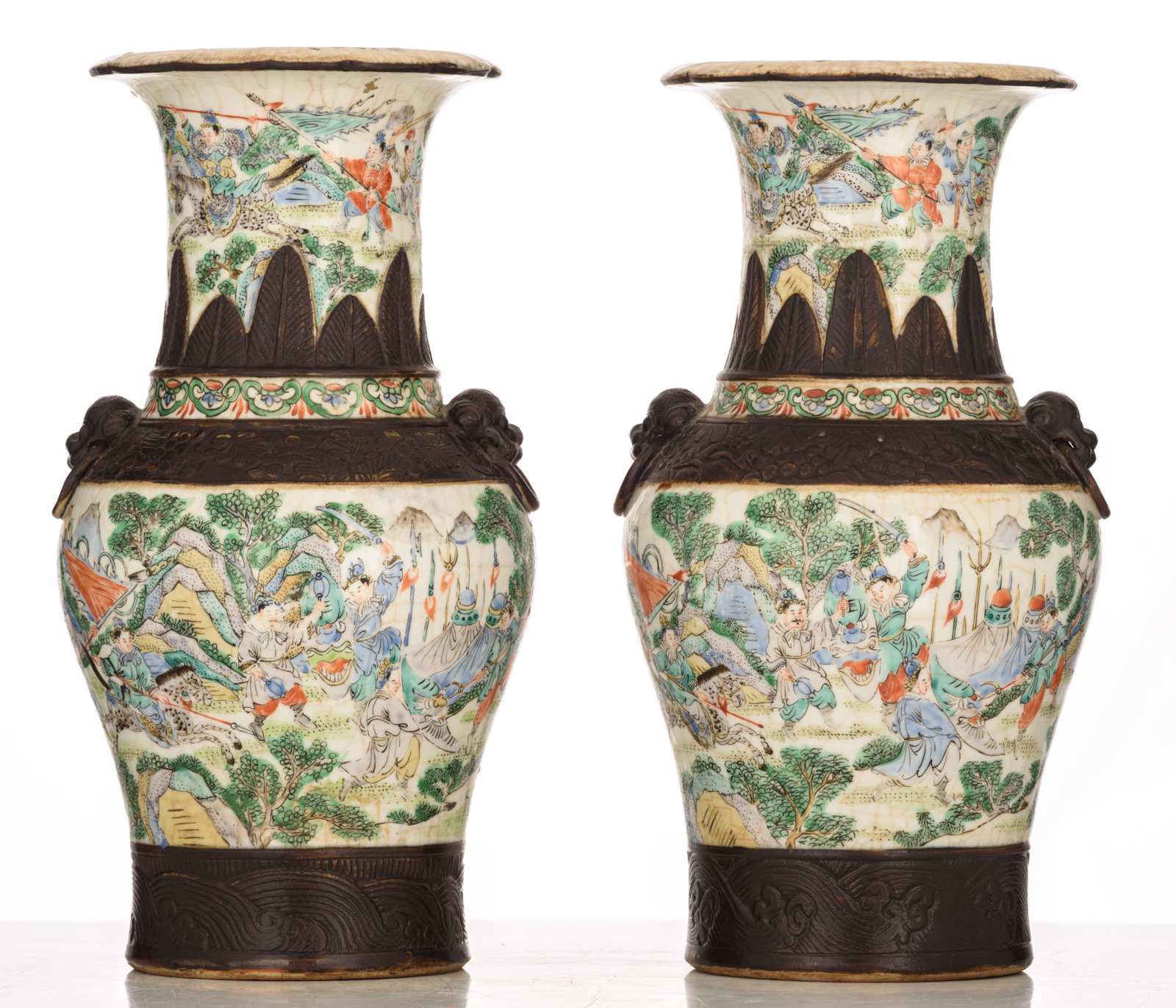 Two Chinese crackleware ground famille verte Nanking vases, all-over decorated with animated scenes - Image 3 of 8