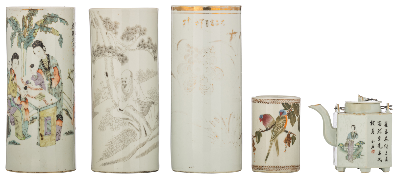 Three Chinese cylindrical vases, polychrome, Indian ink and gilt decorated; added a ditto brushpot a