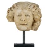 A sandstone head fragment of a man, on a metal stand, 16th/17thC, H 31 - 48 cm (with stand)