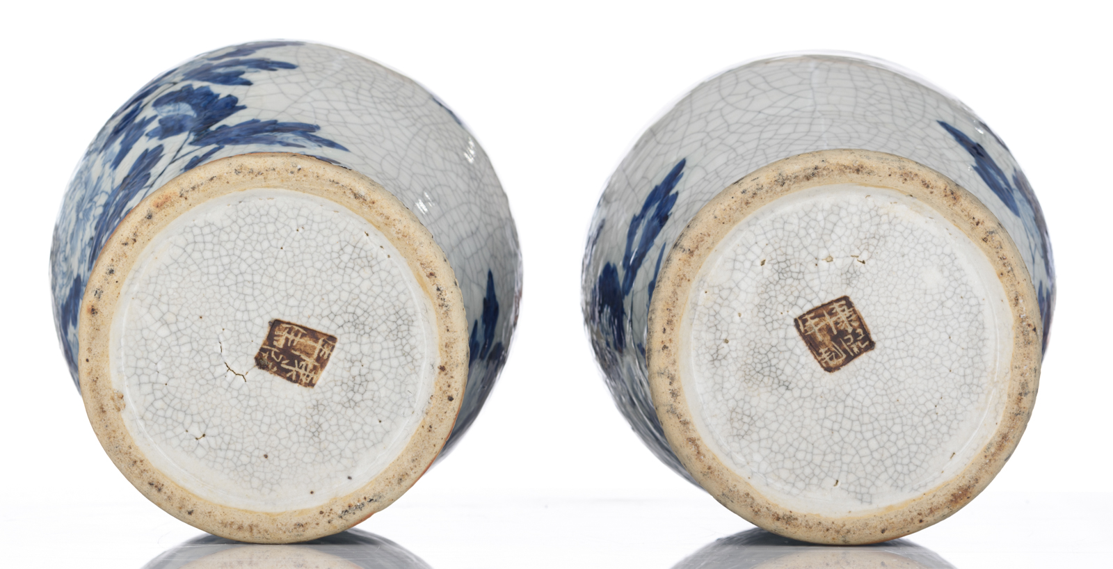 A pair of Chinese blue and white stoneware vases and covers, decorated with flowers and birds, marke - Image 6 of 10