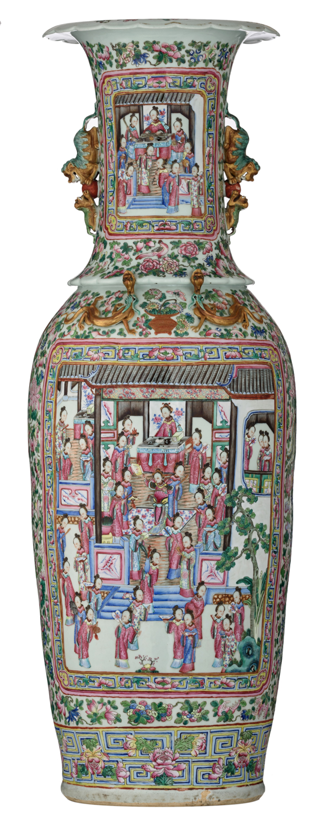 A large and imposing Chinese relief decorated famille rose vase, the roundels with court scenes, 19t