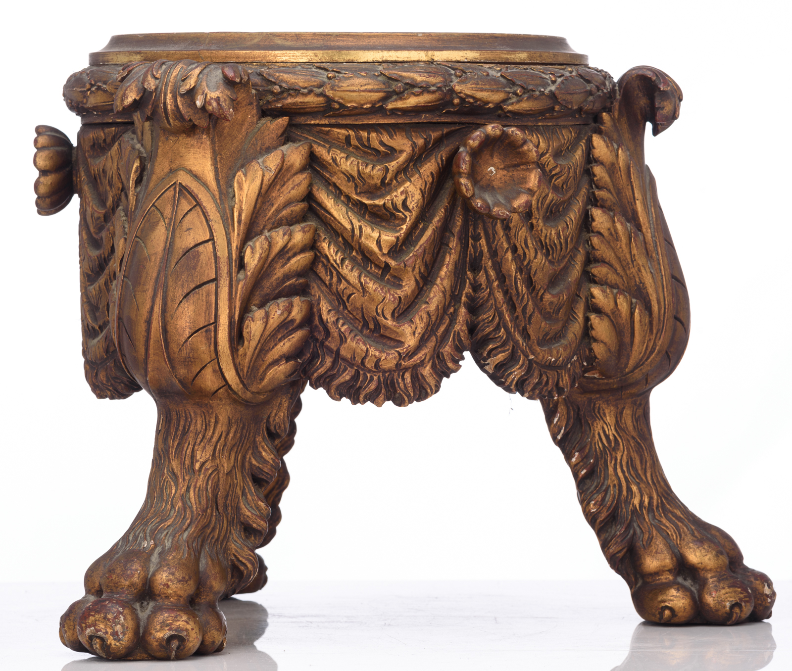 A Neoclassical gilt wooden carved lion paw tripod stand, H 41 cm - Bild 3 aus 7