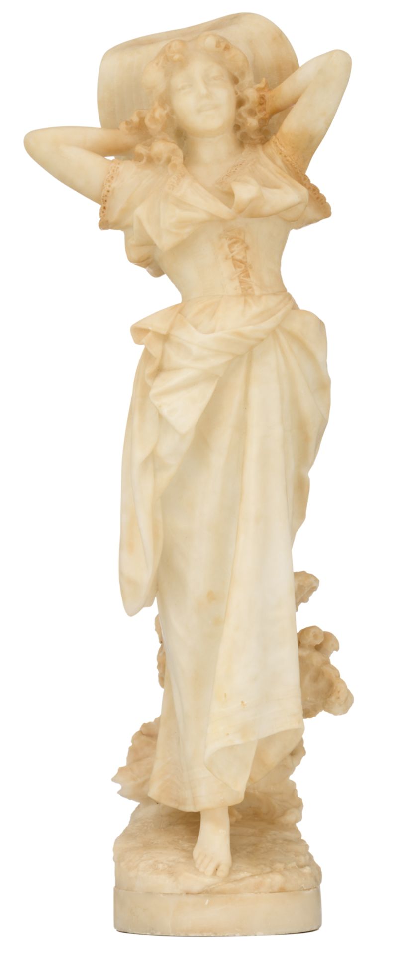 No visible signature, a beauty standing in a garden setting, alabaster, H 90 cm