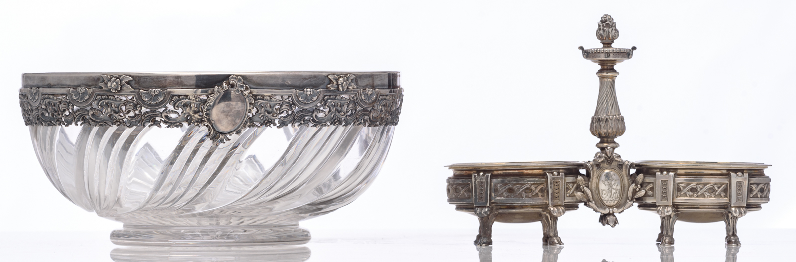 A crystal bowl with a Rococo Revival silver mount, indistinctly hallmarked, makers mark J.M.; added: - Image 4 of 18