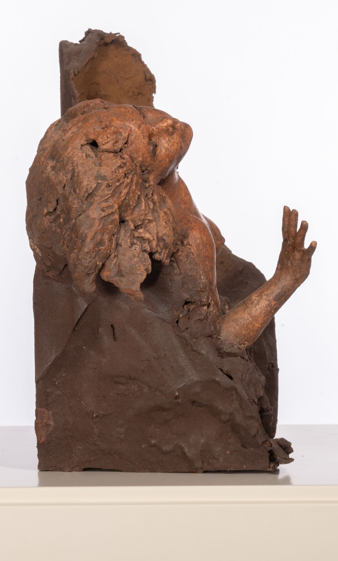 Dumortier J., an untitled brown painted terracotta sculpture of a naked woman reaching out, on a whi - Image 5 of 8