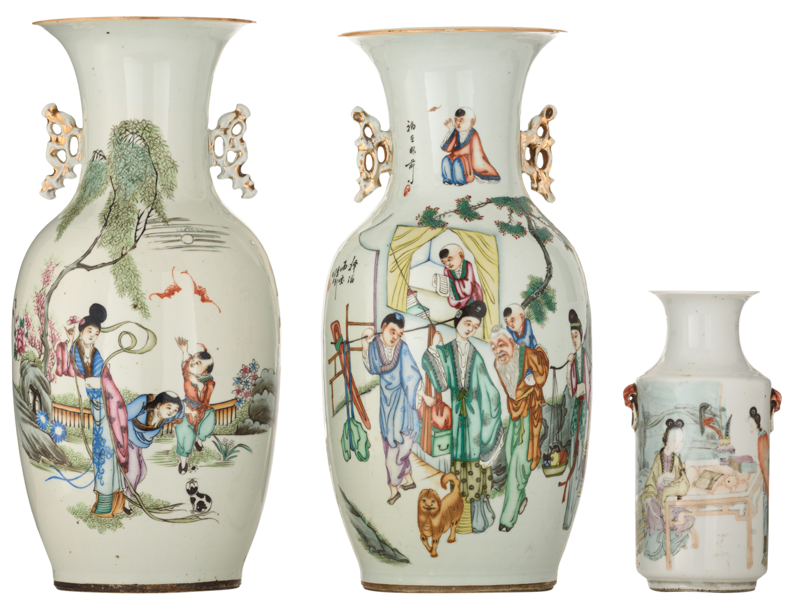 Two Chinese famille rose vases, decorated with figures, flowers and playing children, one vase doubl