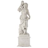 A Carrara marble sculpture of a lady holding a child and a pigeon on a ditto base, H 191 cm (incl ba