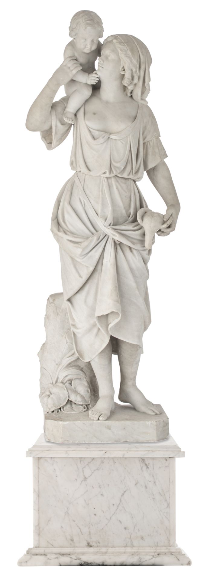 A Carrara marble sculpture of a lady holding a child and a pigeon on a ditto base, H 191 cm (incl ba