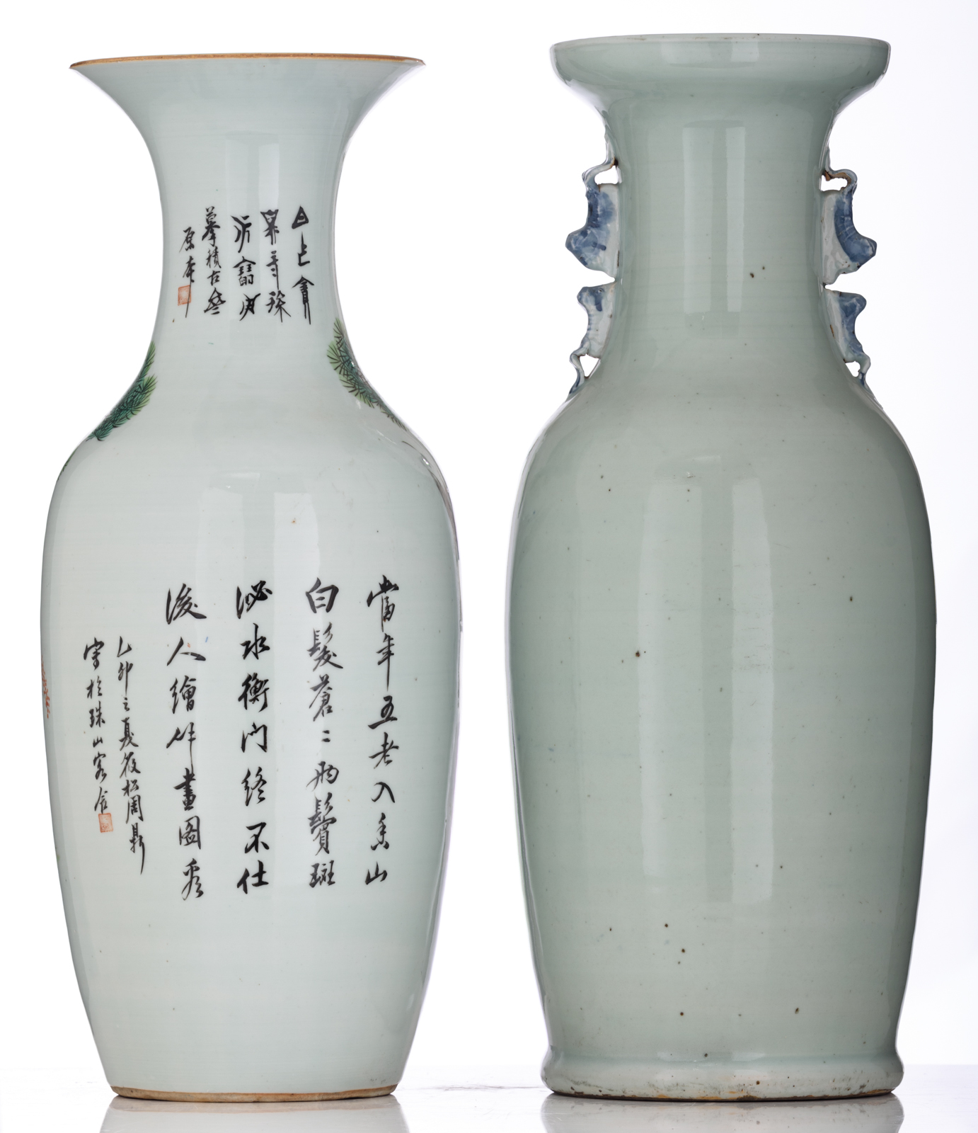 A Chinese celadon ground blue and white vase, decorated with auspicious symbols; added a ditto polyc - Image 3 of 6