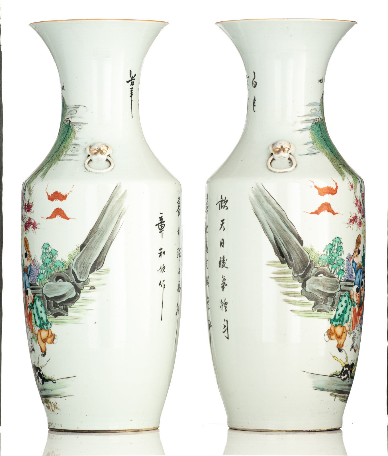 A pair of Chinese famille rose vases, decorated with an animated scene, 19thC, H 57,5 cm - Image 4 of 6