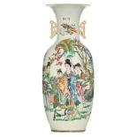 A Chinese polychrome decorated vase with beauties and a boy on a kylin, the reverse decorated with a