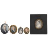 Five various portrait miniatures, watercolour on ivory; two of them English, 19thC: one portraying a