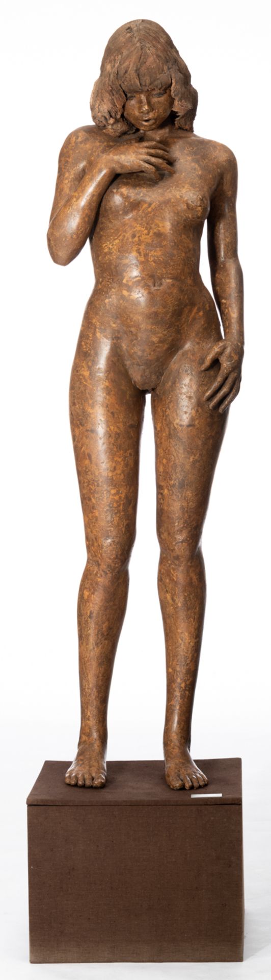 Dumortier J., 'Een pose is bevrijding van wat je bent', a patinated terracotta sculpture of a naked - Image 2 of 6